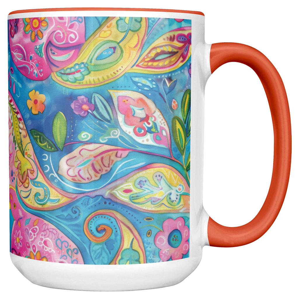 Bright Boho Paisley Mug, 15 oz Ceramic Coffee Cup with Orange Accent | Bohemian Kitchen Decor, Gift for Her, Unique Tea Cup