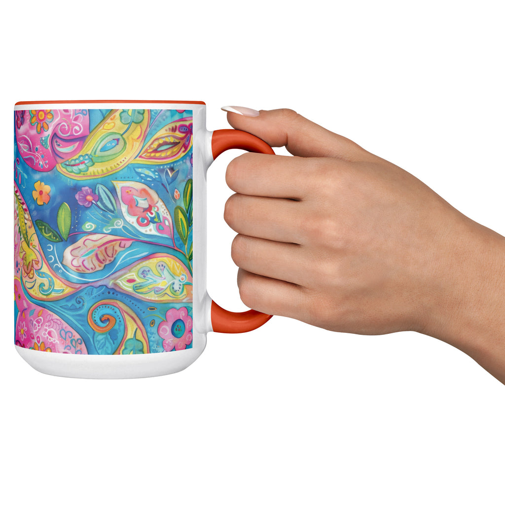 Bright Boho Paisley Mug, 15 oz Ceramic Coffee Cup with Orange Accent | Bohemian Kitchen Decor, Gift for Her, Unique Tea Cup