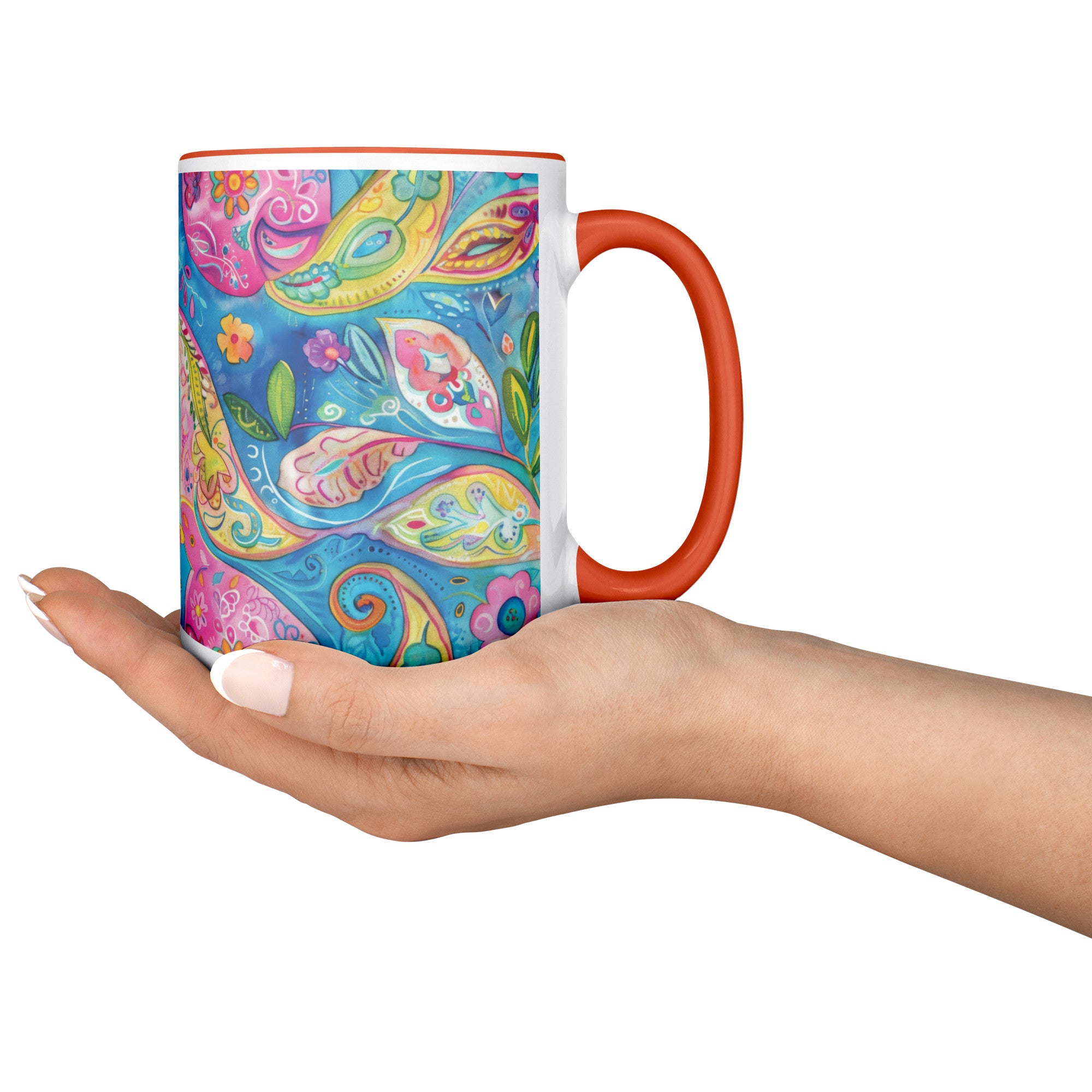 Bright Boho Paisley Mug, 15 oz Ceramic Coffee Cup with Orange Accent