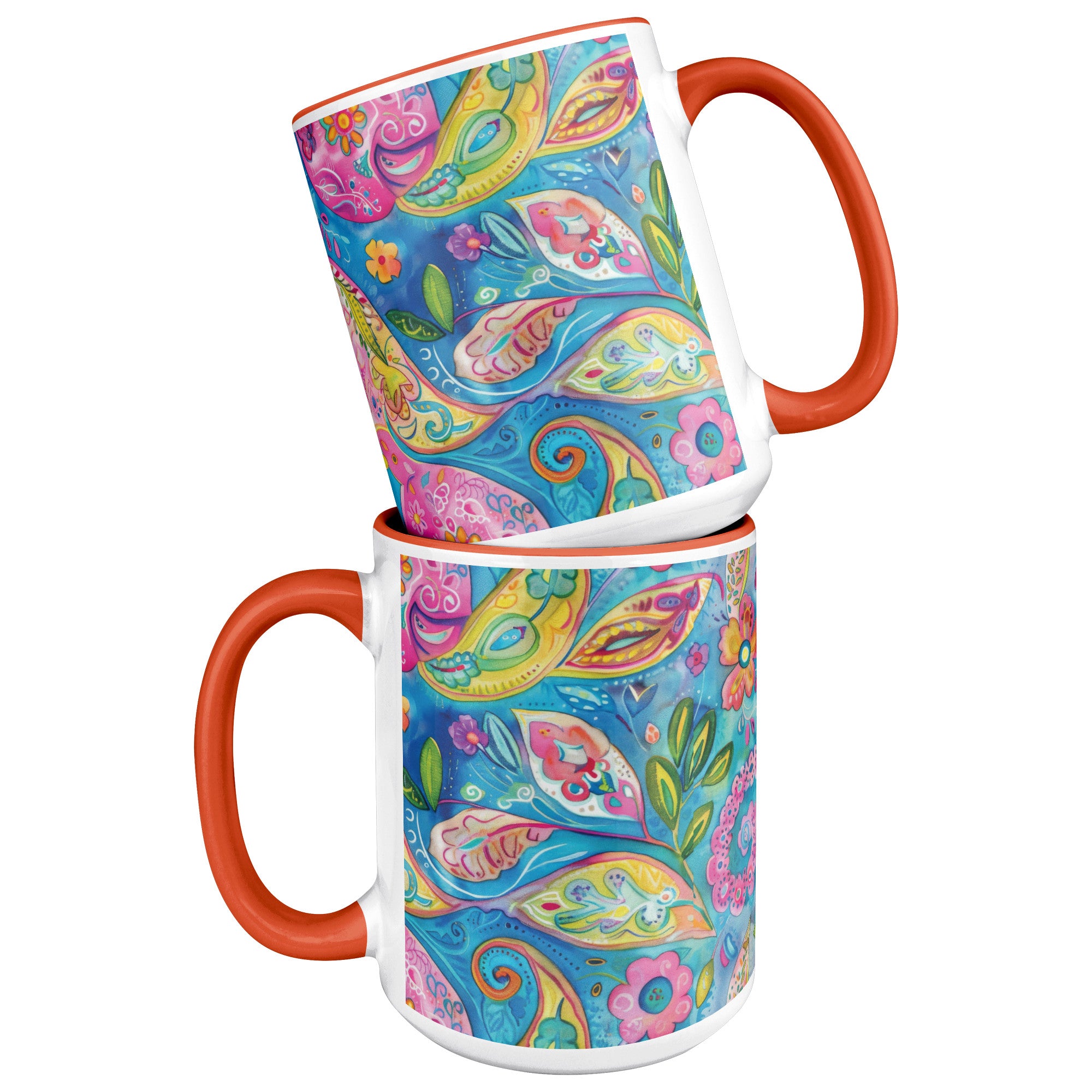Bright Boho Paisley Mug, 15 oz Ceramic Coffee Cup with Orange Accent | Bohemian Kitchen Decor, Gift for Her, Unique Tea Cup