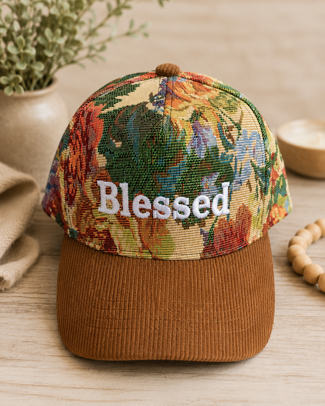 Blessed Floral Jacquard Cap with Corduroy Brim