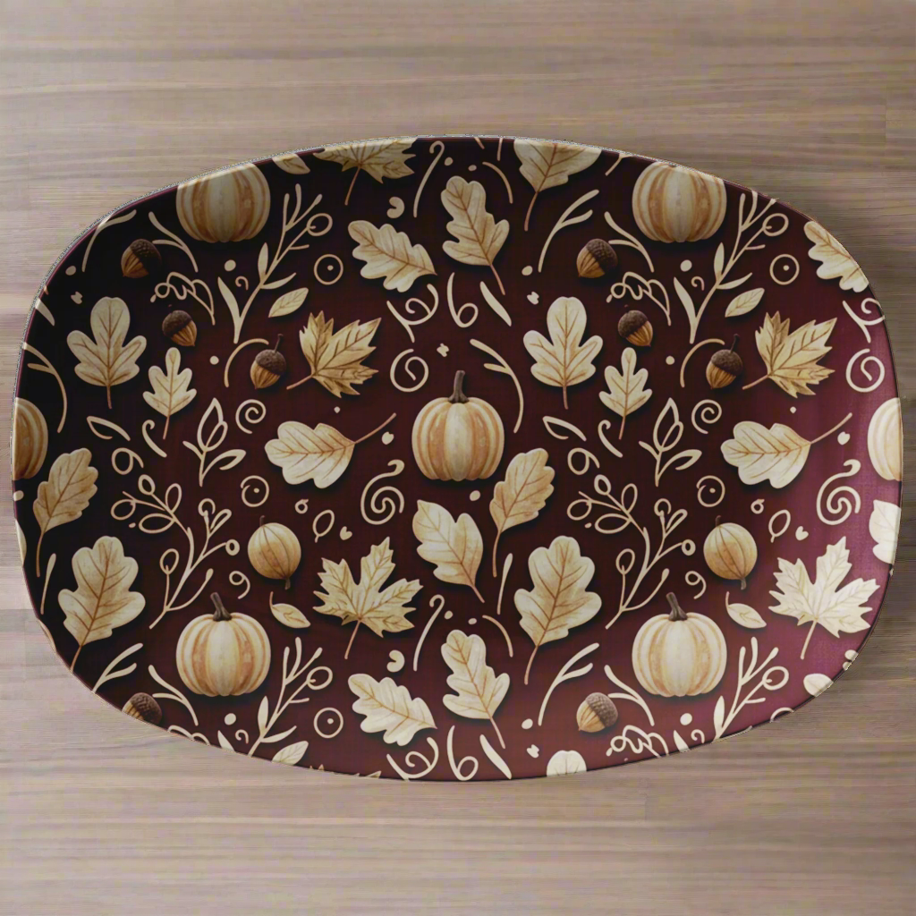 Decorative tray with autumnal pattern of pumpkins and leaves on a brown background