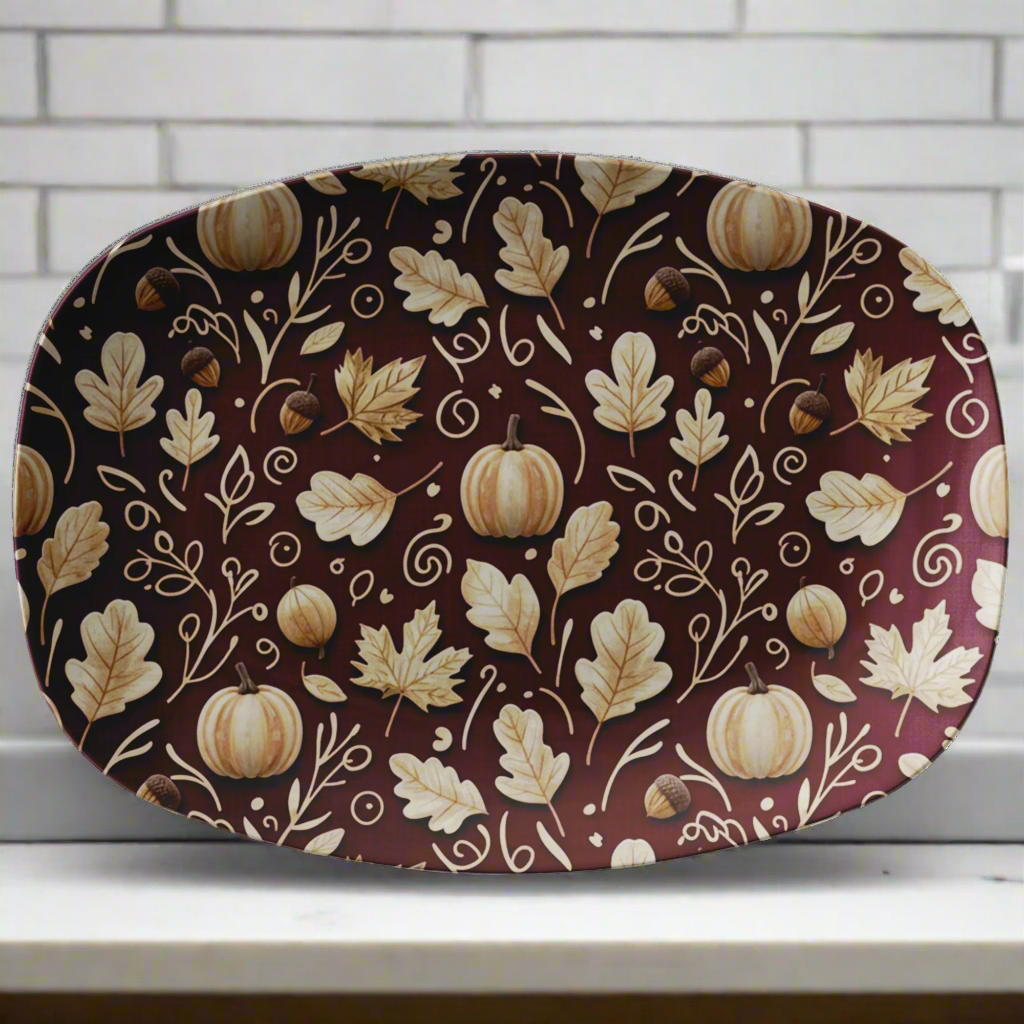 Decorative tray with autumnal design featuring pumpkins and leaves on a brown background