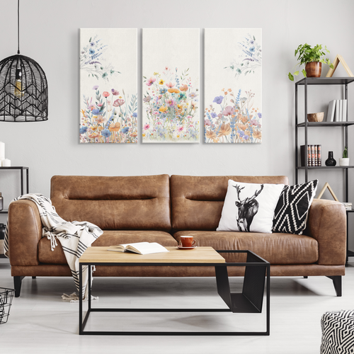 Canvas Trio Boho-Chic Wildflower Watercolor Minimalist Botanical Prints for Modern Home Decor.