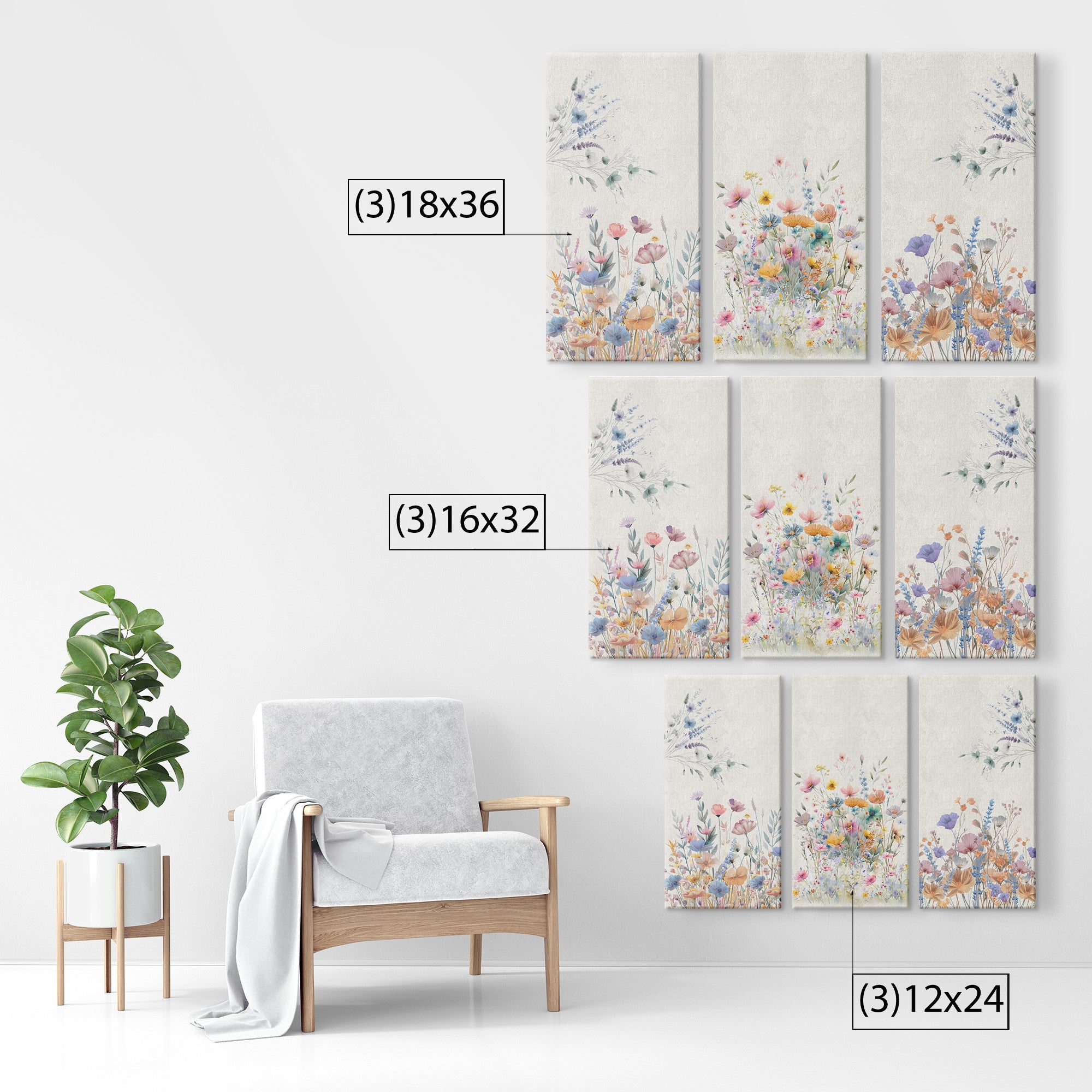Canvas Trio Boho-Chic Wildflower Watercolor Minimalist Botanical Prints for Modern Home Decor.