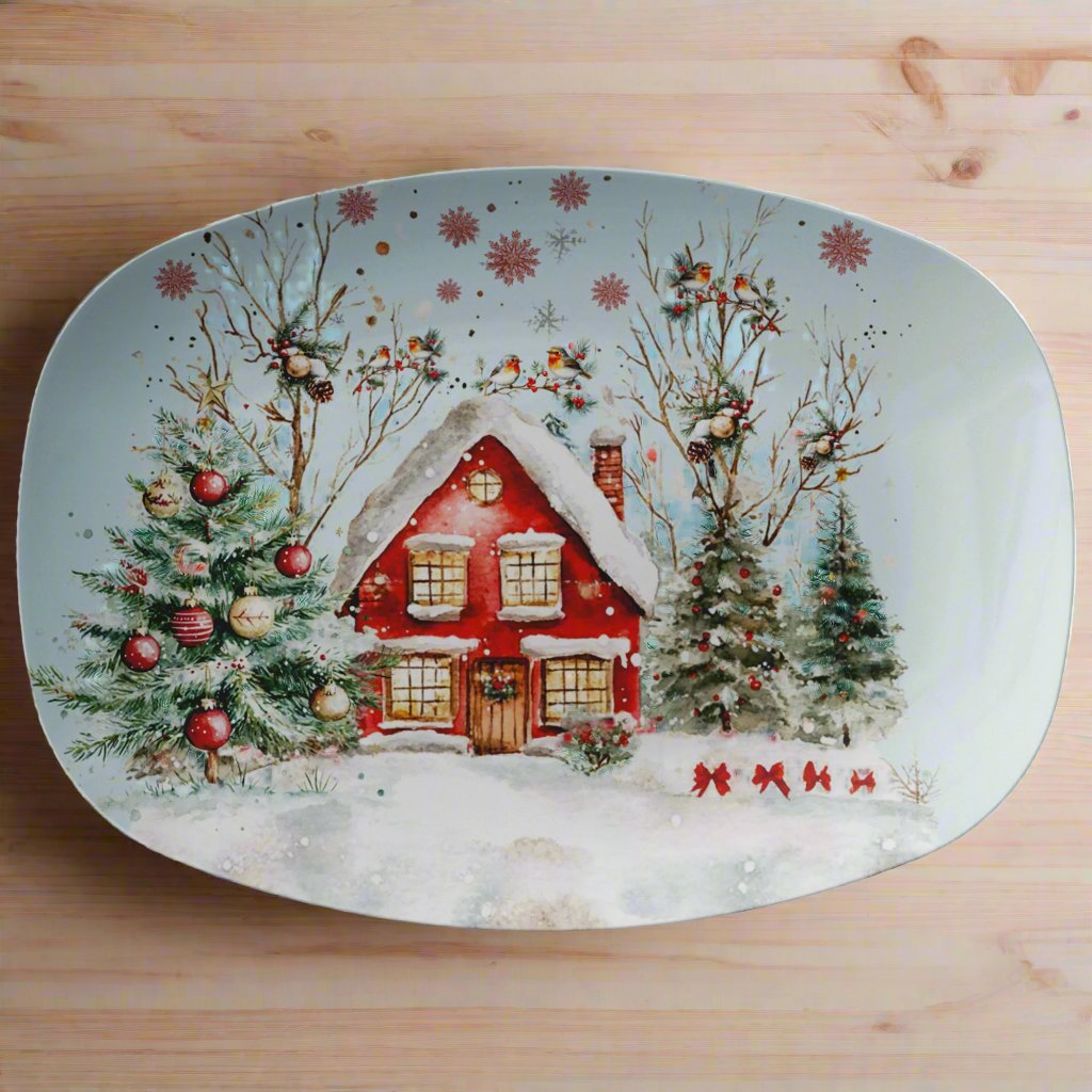 Charming Vintage Christmas 10x14 Platter – Festive Red & Green Design, Perfect for Holiday Gatherings, Sturdy Dishware, Ideal for Serving Cookies, Snacks Treats - MRSBYVALLE