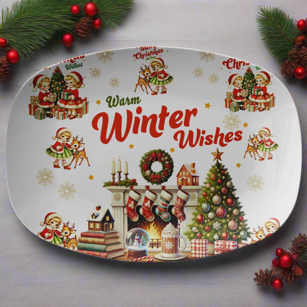 Charming Vintage Christmas 10x14 Platter Festive Red Green Design, Perfect for Holiday Gatherings, Durable Dishware, Ideal for Serving Cookies, Snacks Treats - MRSBYVALLE