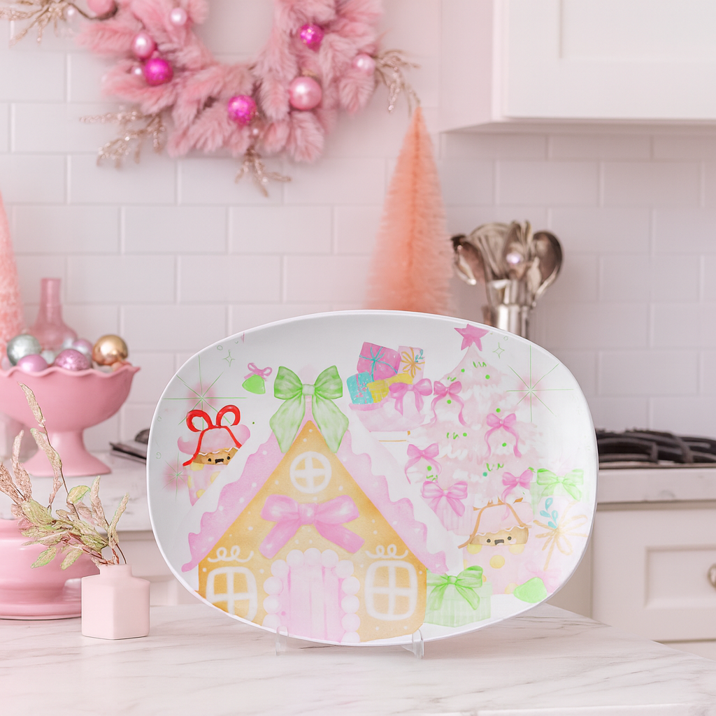 Whimsical Gingerbread House Christmas Platter  Pink & Mint Green Retro Holiday Tray, 10x14 Cute Cookie Display, Festive Table Decor