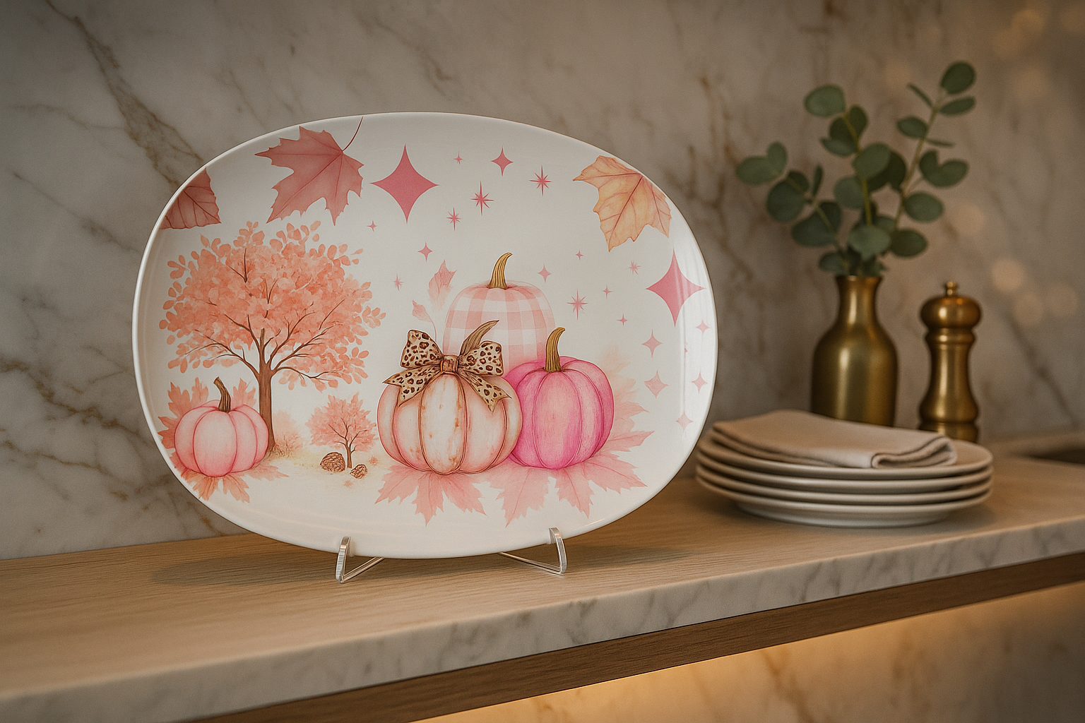 Pink Pumpkins with Pink Fall Leaves – Blush Autumn Decor, Farmhouse Chic Accent for Kitchen, Dining  Entryway, Elegant Seasonal Style, Thanksgiving