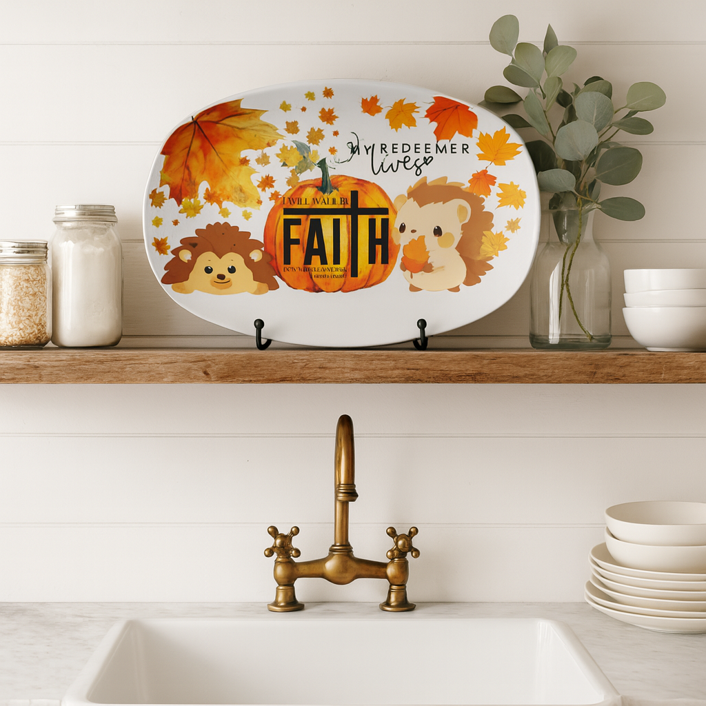 Bible Verse Fall Theme 10x14 Serving Platter – Autumn Christian Home Decor, Scripture Kitchen Tray, Thanksgiving Gift, Hedgehogs and Fall Leaves