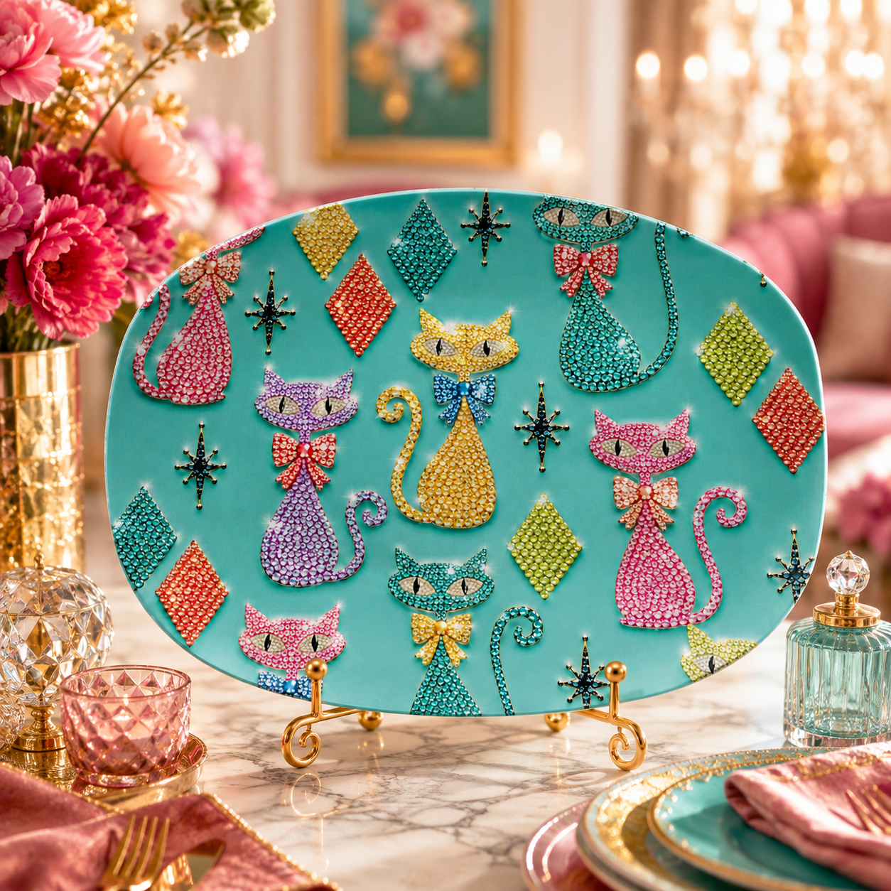 Retro Kitty Faux Rhinestone Illusion Platter Perfect Gift