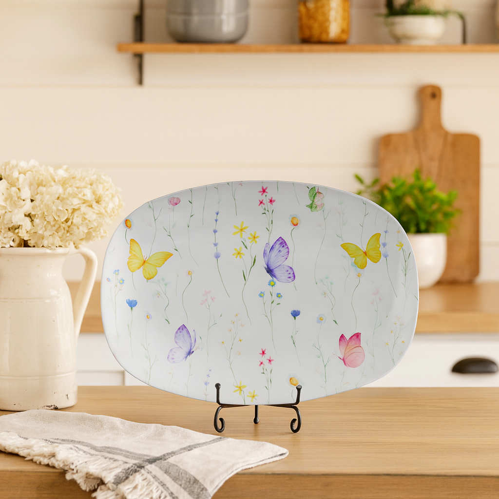 Wildflowers & Butterflies Platter 10x14” Floral Garden Tray, Oven & Microwave Safe, Nature-Inspired Gift, Spring Table Decor Made in USA