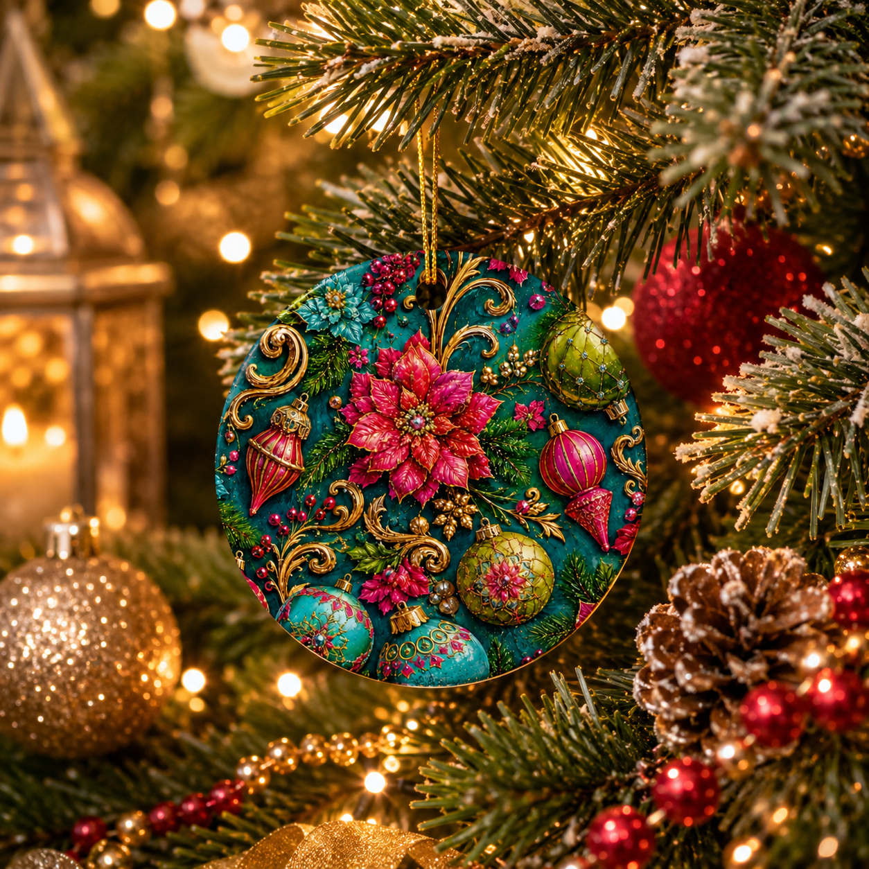 Poinsettia & Baubles Ceramic Ornament — Round Christmas Tree Decoration