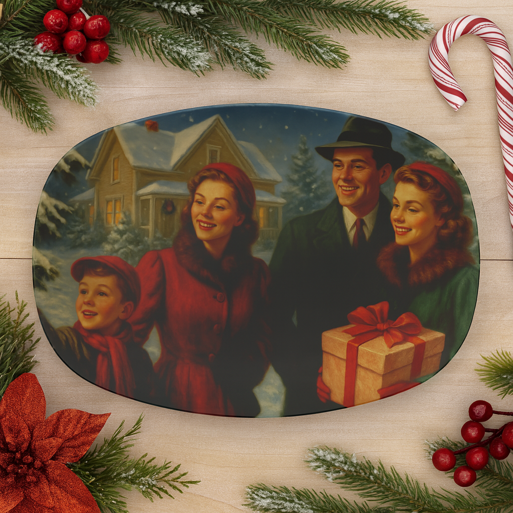 Elegant 1950s Vintage Christmas Platter  10x24” Holiday Scene with Snowy House, Carolers Gifts Retro Holiday Table Decor & Gift Idea
