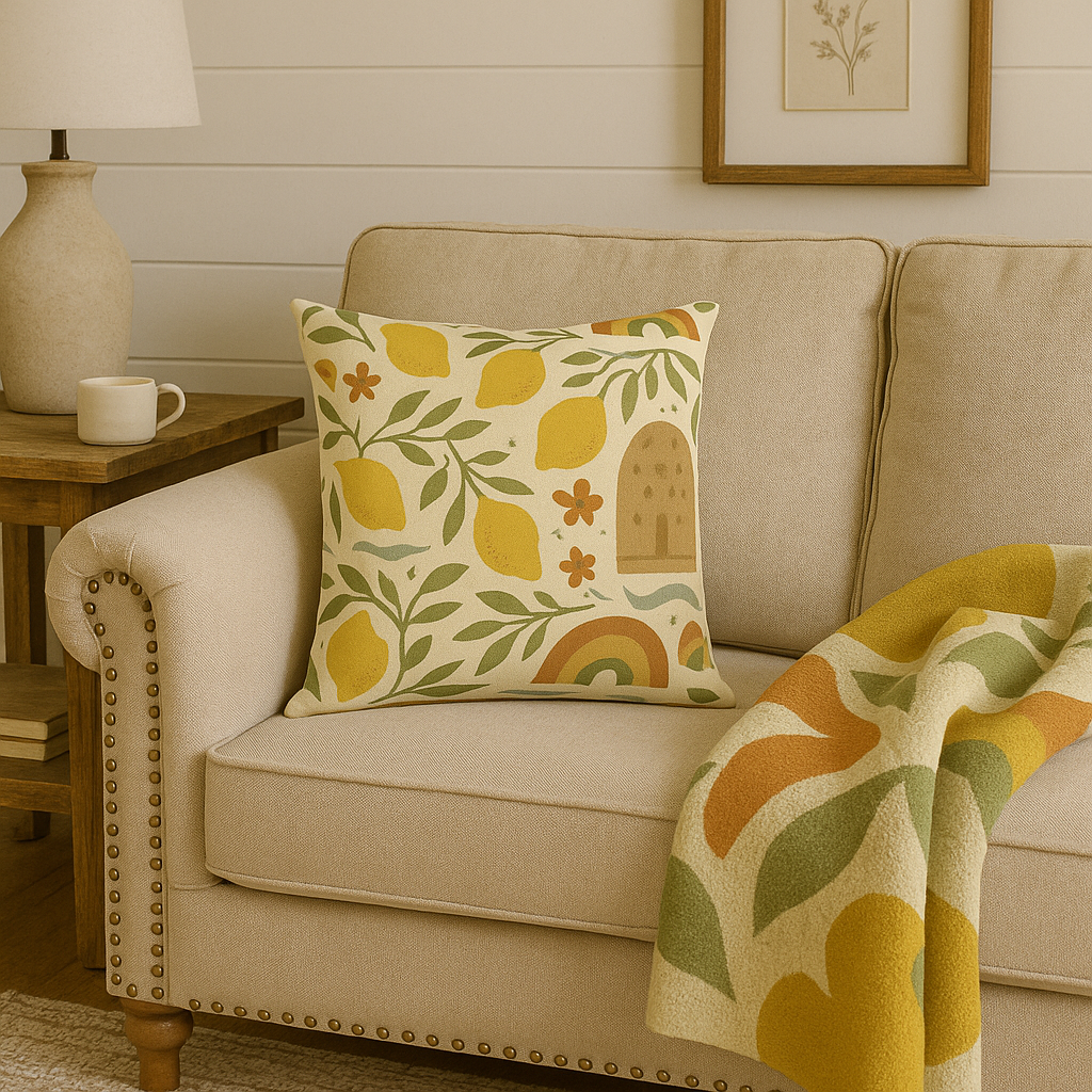 Jeté en tricot douillet motif bosquet de citronniers bohème, avec citrons dessinés à la main, feuilles d'olivier et vagues douces dans des tons terreux, parfait pour la chaleur et le style tout au long de l'année