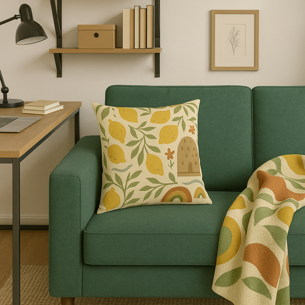 Boho Lemon Grove Blanket Cozy Knit Throw Featuring Hand-Drawn Lemons, Olive Leaves & Soft Waves in Earthy Tones, Perfect for Warmth & Style Year-Round