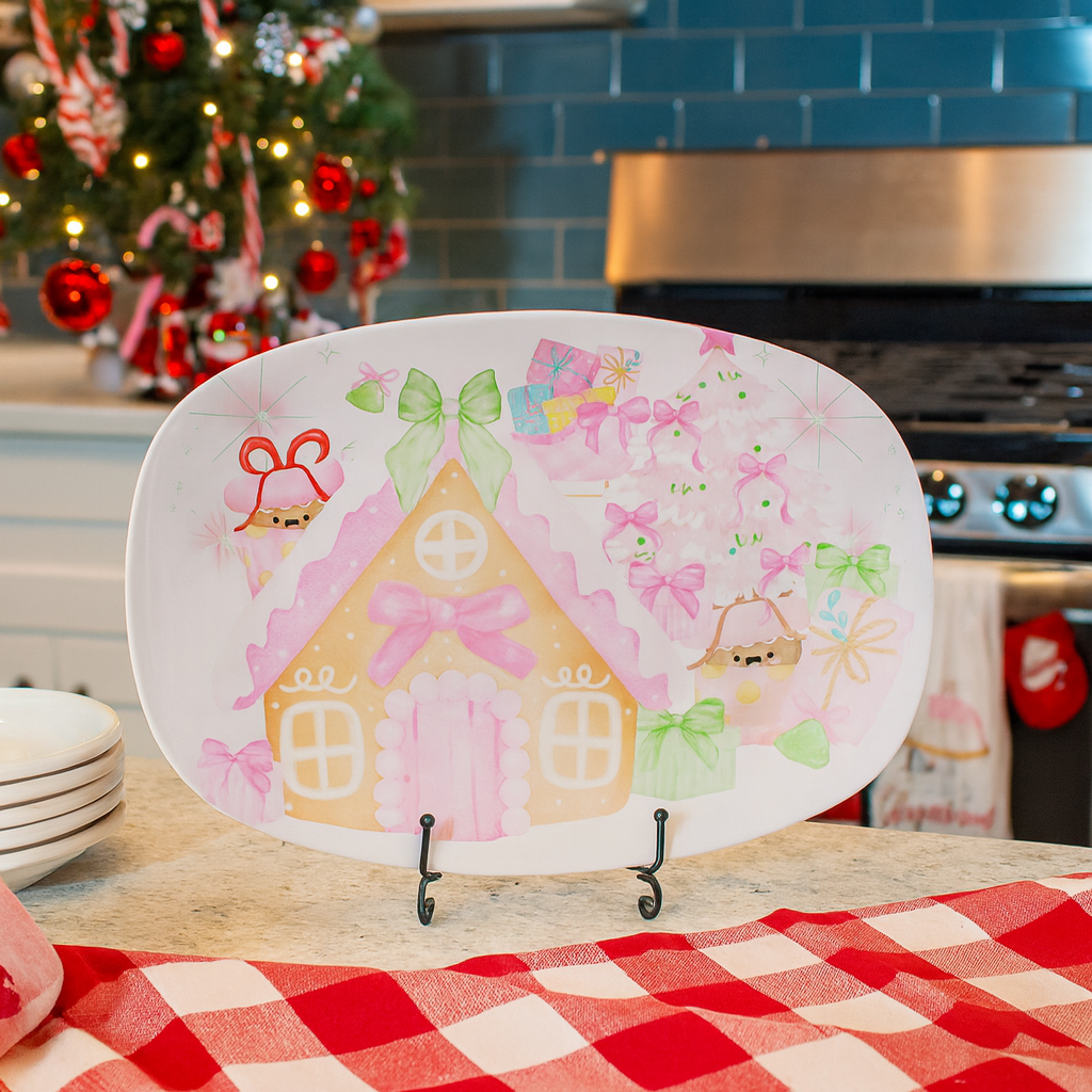 Whimsical Gingerbread House Christmas Platter  Pink & Mint Green Retro Holiday Tray, 10x14 Cute Cookie Display, Festive Table Decor