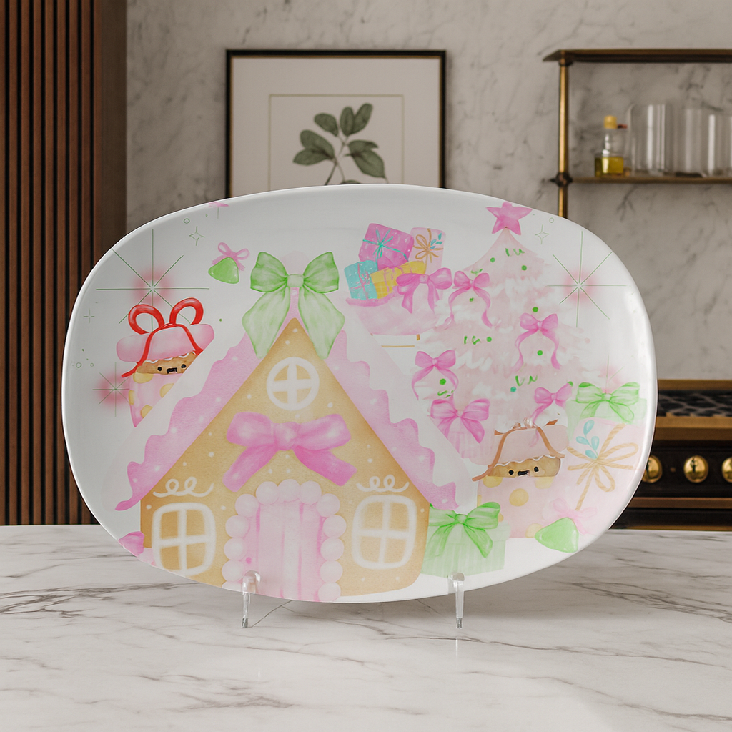 Whimsical Gingerbread House Christmas Platter  Pink & Mint Green Retro Holiday Tray, 10x14 Cute Cookie Display, Festive Table Decor