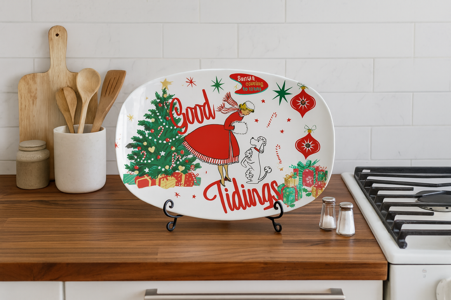 Good Tidings Retro Christmas Holiday Platter  Festive Sandwich & Cheese Platter, Vintage Charm, Perfect Christmas Entertaining Idea