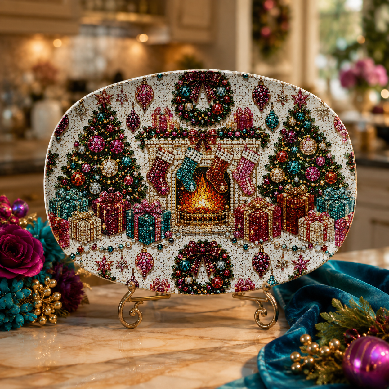 Faux Rhinestone Christmas Serving Platter, 10x14 Sparkling Holiday Table Decor