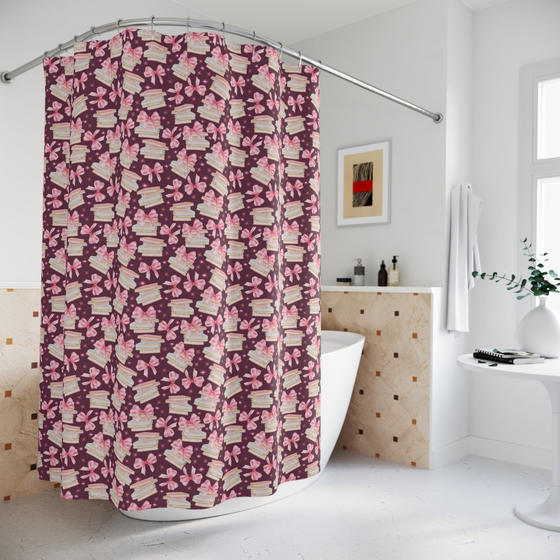 Coquette Pink Bows & Books Shower Curtain Vibrant Floral Design for Bohemian Bathroom Décor 100% Polyester, Water-Resistant, and Stylish Upgrade the Bathroom - MRSBYVALLE