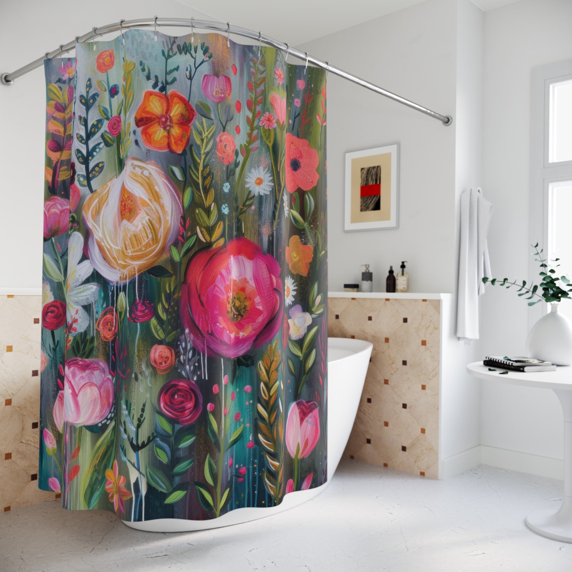 Boho Floral Shower Curtain – Water-Resistant, Eco-Friendly Polyester Fabric, Bohemian Bathroom Decor, Stylish and Durable, Available in Multiple Sizes for Perfect Fit Upgrade the Bathroom - MRSBYVALLE