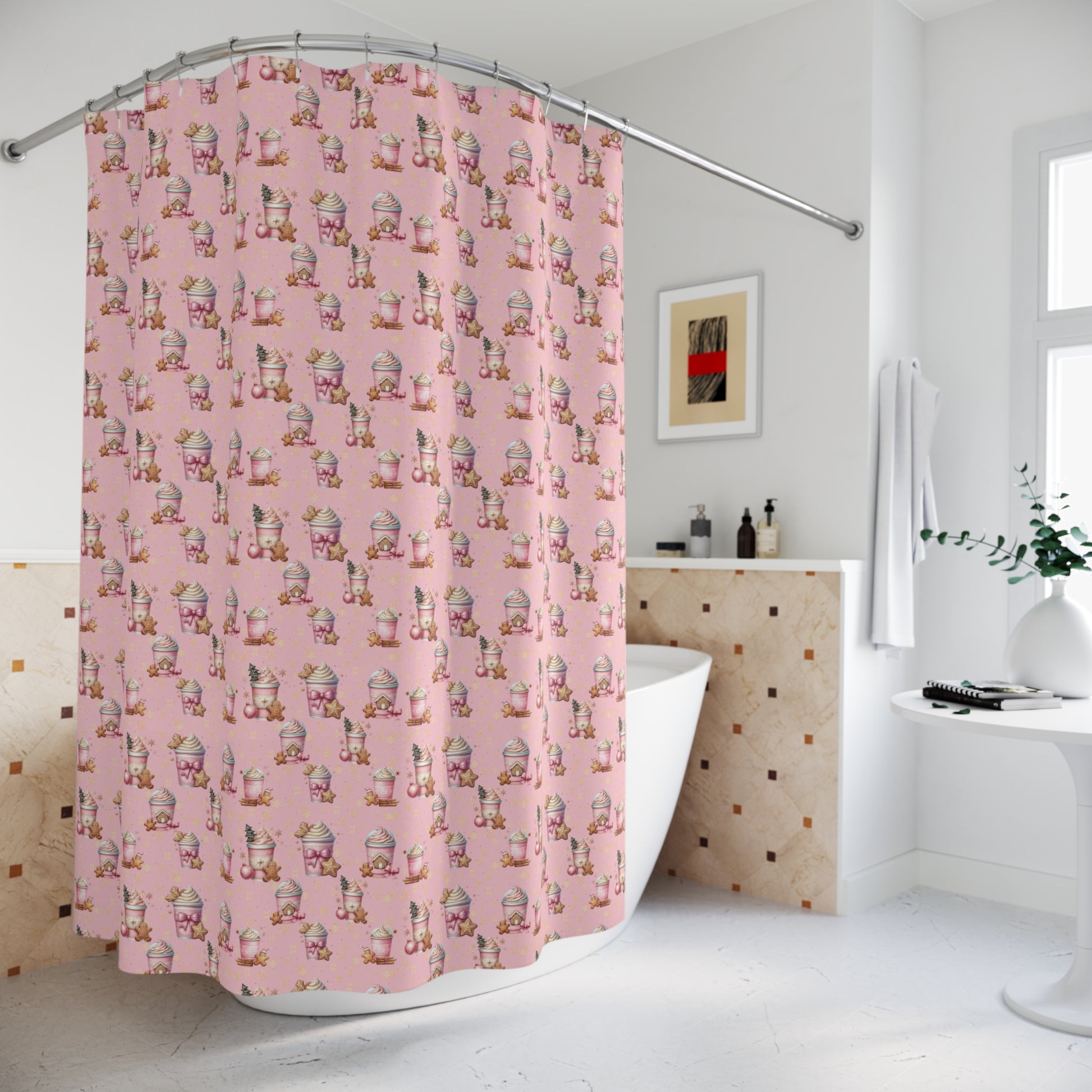 Christmas Pink Gingerbread People with Coffee Shower Curtain Festive Holiday Bathroom Decor, Vibrant Colors, Perfect for Adding Seasonal Cheer and Whimsy to Your Bathroom - MRSBYVALLE