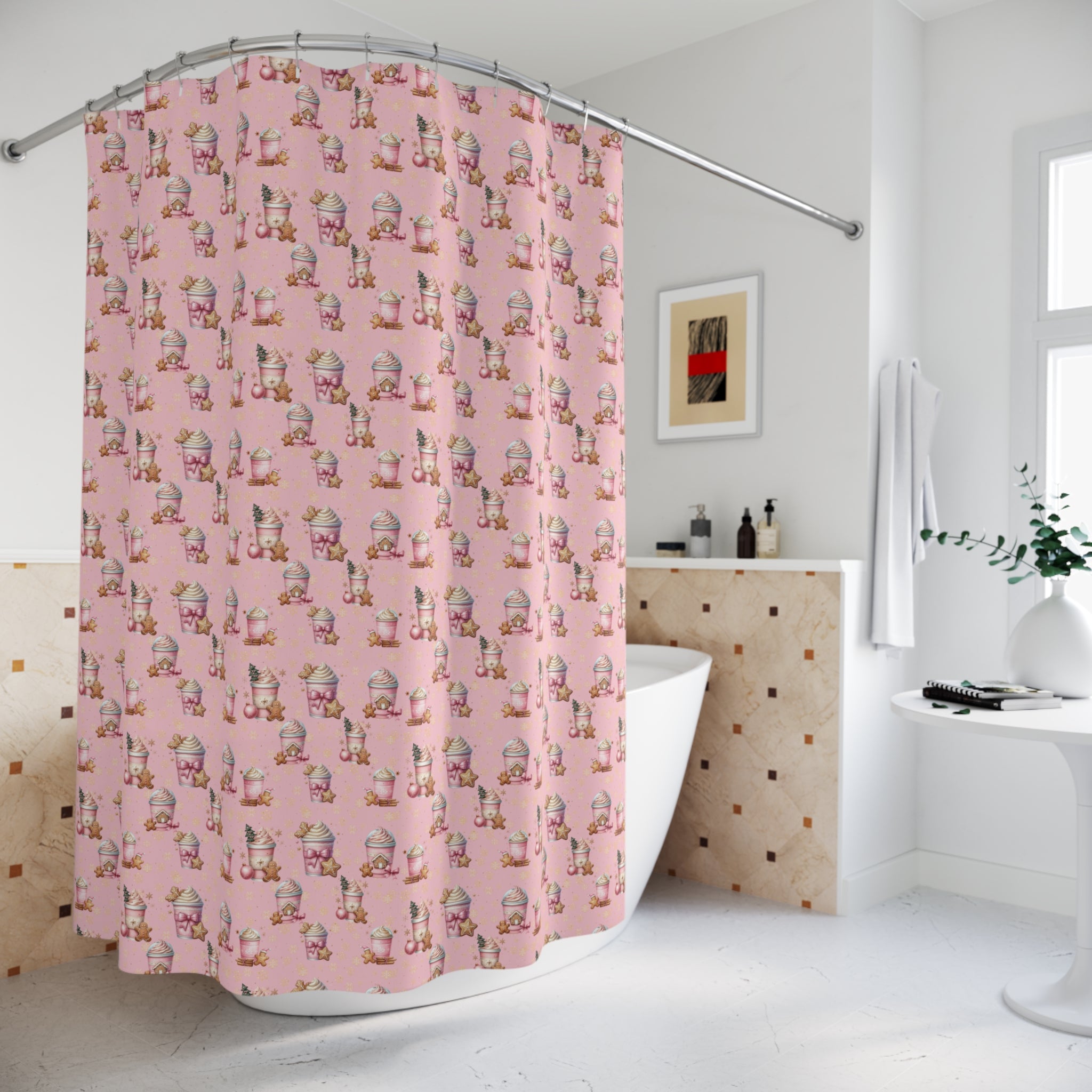 Christmas Pink Gingerbread People with Coffee Shower Curtain Festive Holiday Bathroom Decor, Vibrant Colors, Perfect for Adding Seasonal Cheer and Whimsy to Your Bathroom - MRSBYVALLE