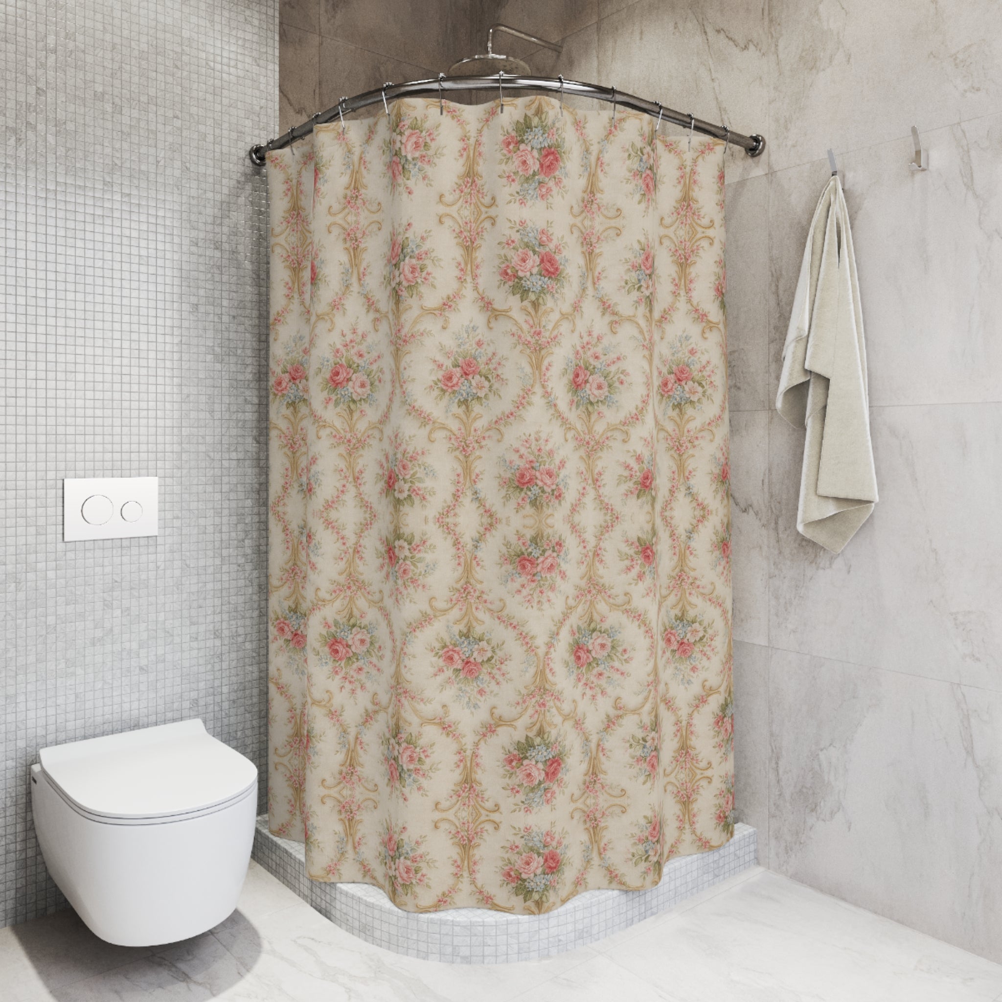 Luxury French Baroque Floral Shower Curtain  3D Pastel Roses  Gold Scrollwork Elegant Vintage Bathroom Upgrade Timeless Romantic Decor