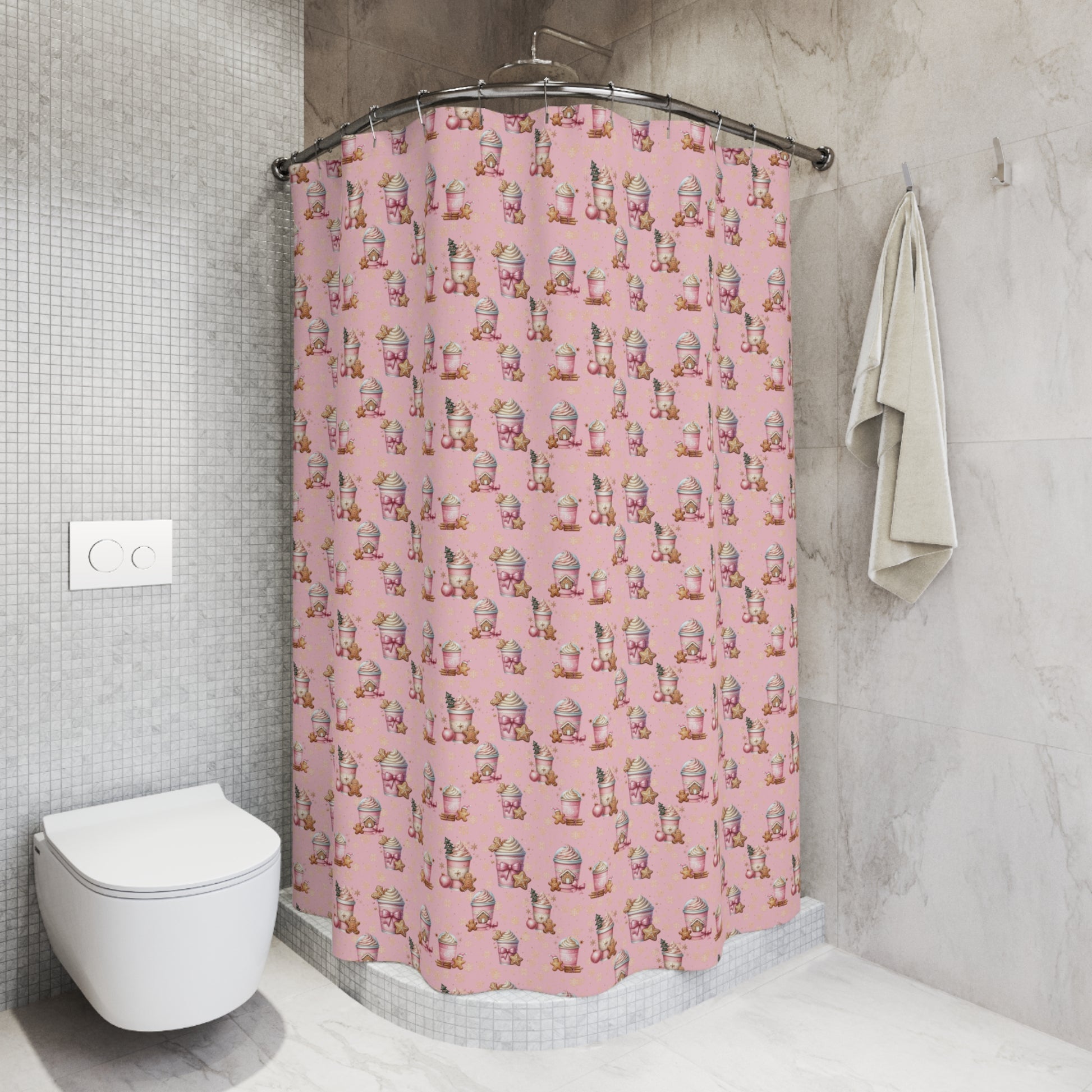 Christmas Pink Gingerbread People with Coffee Shower Curtain Festive Holiday Bathroom Decor, Vibrant Colors, Perfect for Adding Seasonal Cheer and Whimsy to Your Bathroom - MRSBYVALLE