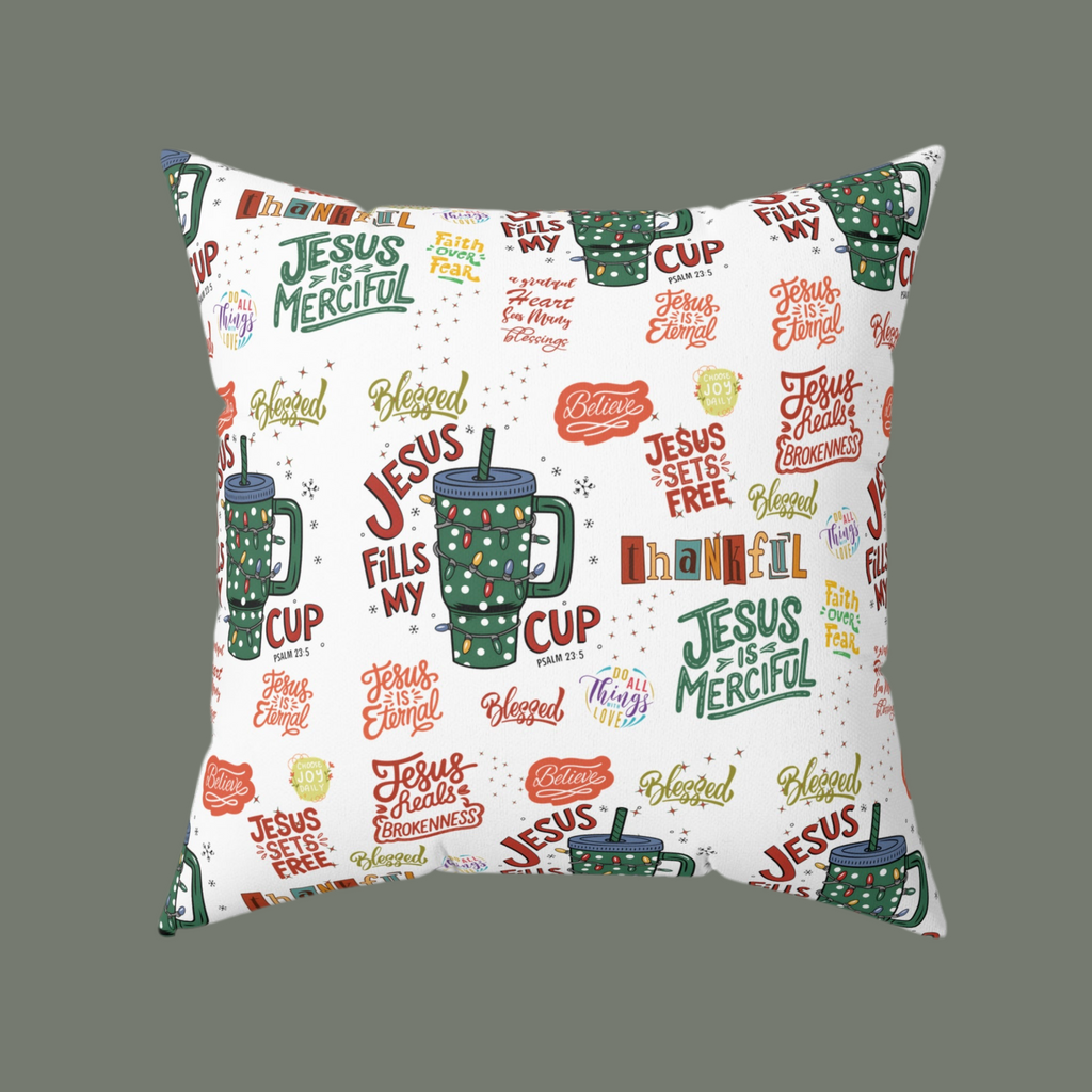 Coussin carré "Jesus Fills My Cup" – Verset biblique inspirant et affirmation chrétienne – Coussin décoratif pour la maison ou le bureau – Cadeau pour pasteur