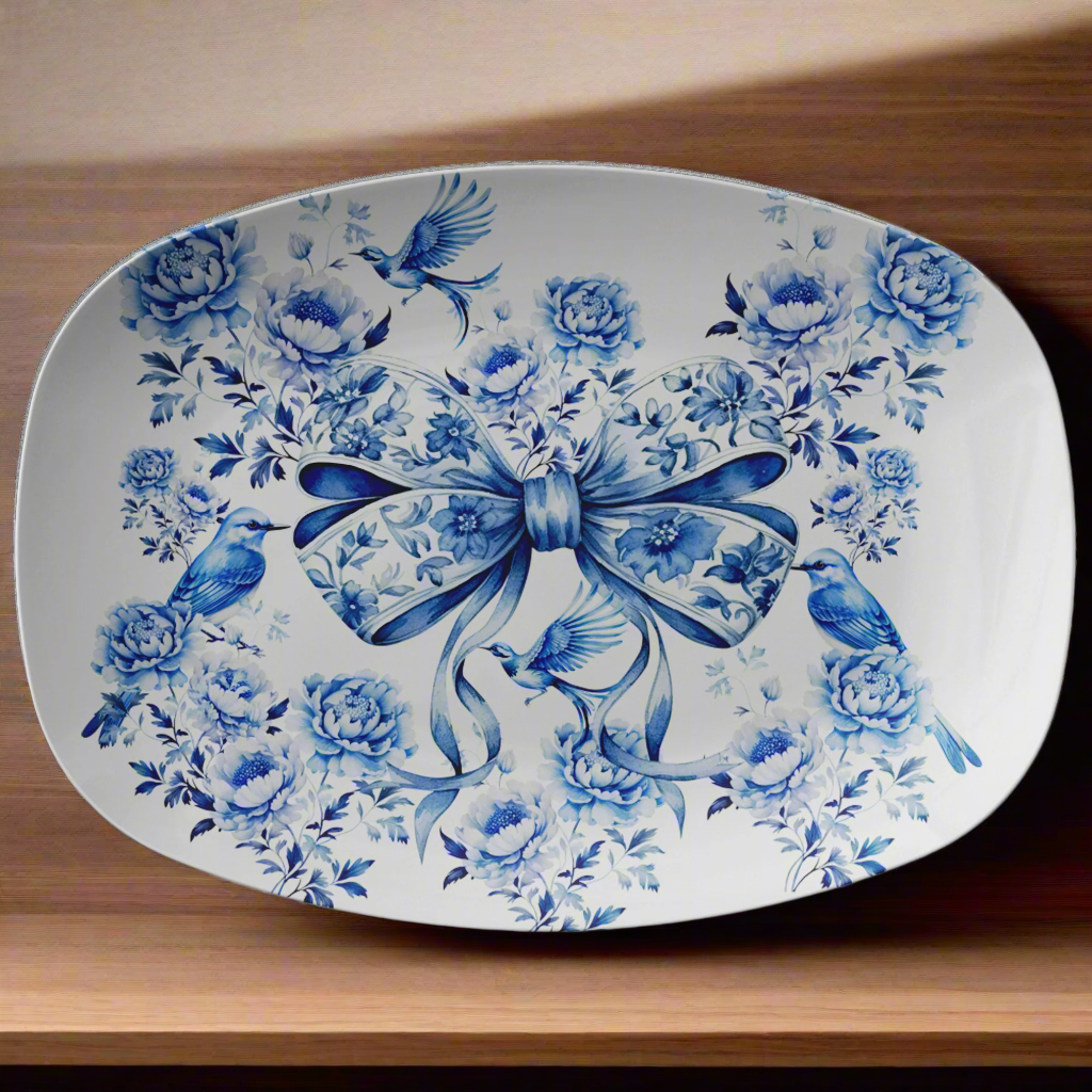 Elegant Blue Bow Chinoiserie 10x14 Platter – Stunning Bird & Floral Design, Durable Serving Dish for Dining, Entertaining, Home Decor & Gift Giving