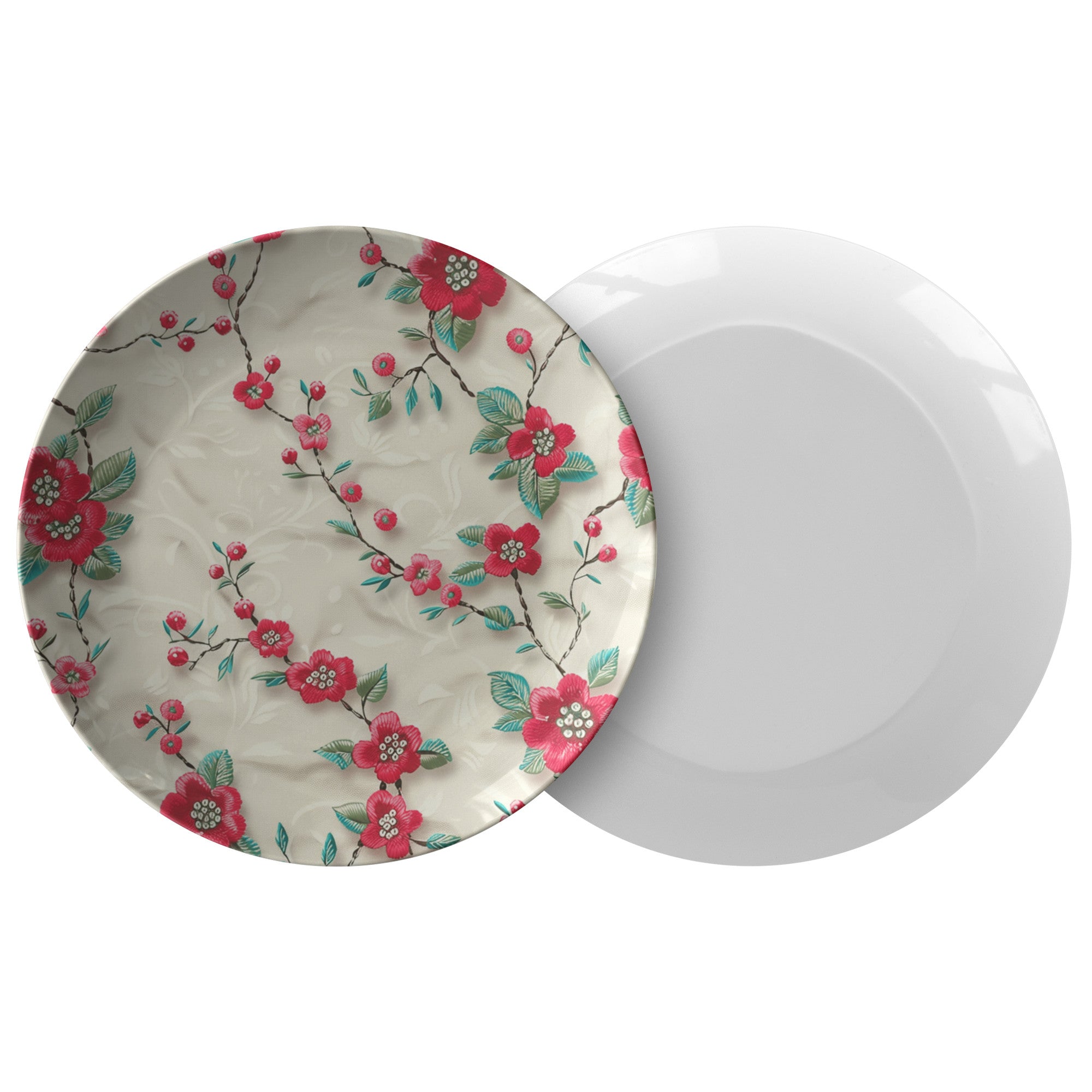 Elegant Boho Plate 10-Inch Red Flowers on Beige Background, Perfect for Stylish Dining, Crafted from High-Quality Materials for Durability and Sophistication in Every Meal - MRSBYVALLE