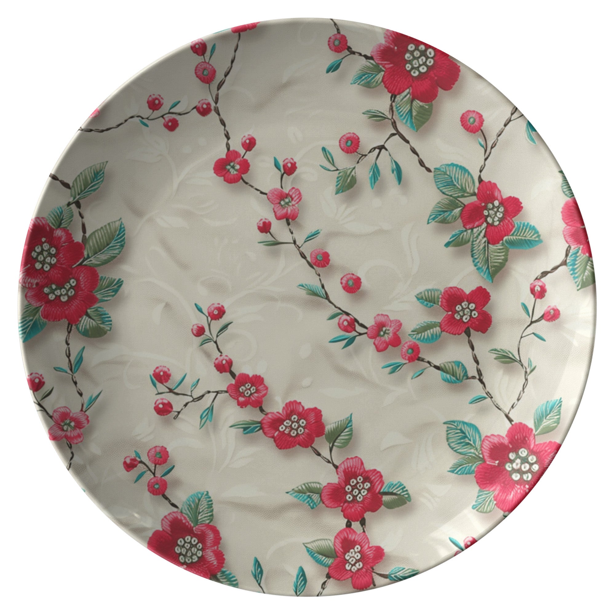 Elegant Boho Plate 10-Inch Red Flowers on Beige Background, Perfect for Stylish Dining, Crafted from High-Quality Materials for Durability and Sophistication in Every Meal - MRSBYVALLE