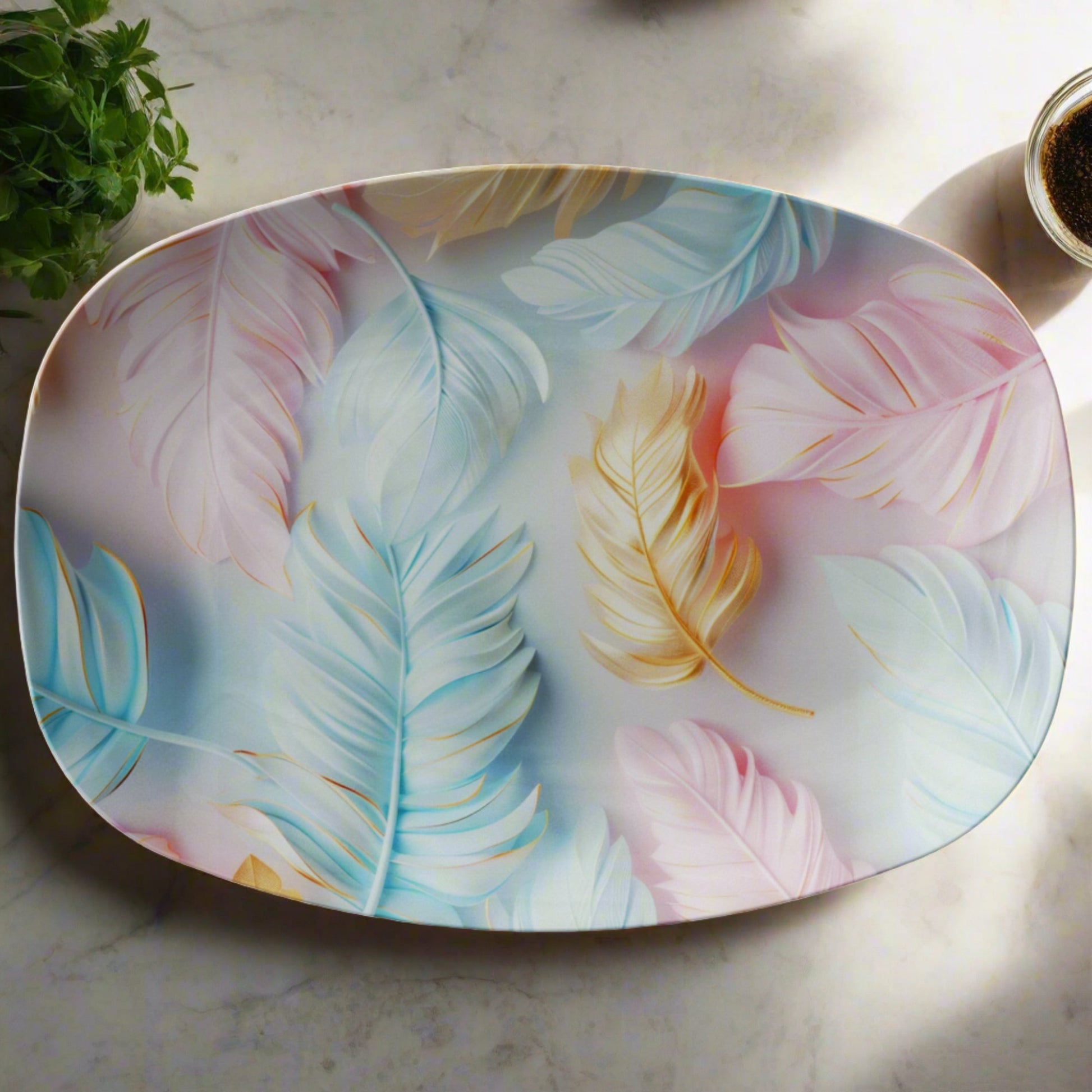 Elegant Pastel Feather Platter Durable Decorative Serving Dish for Stylish Home Décor and Entertaining | Perfect for Special Occasions, Weddings, and Gifts - MRSBYVALLE