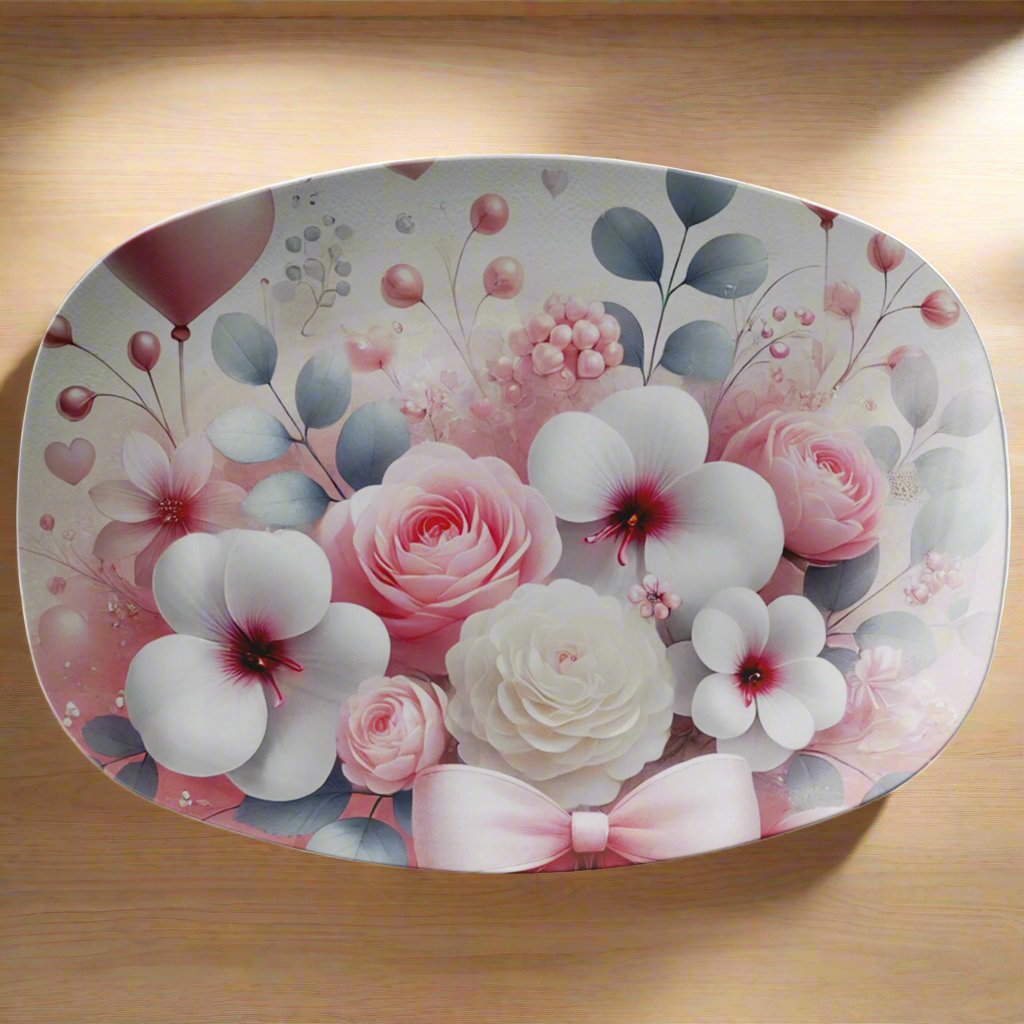 Elegant Watercolor Pink Hearts & Bows Platter 10x14 – Stylish Tableware for Special Occasions or Everyday Use | Durable, Vibrant Design for Hosting & Gifting - MRSBYVALLE