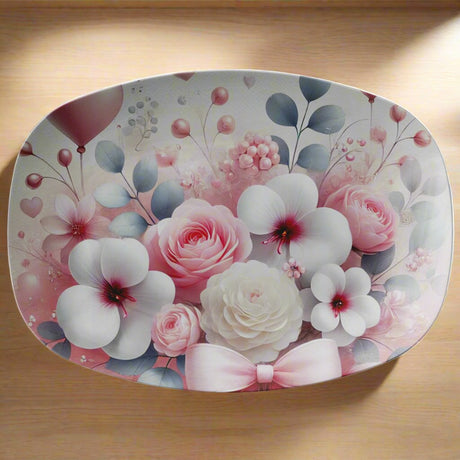 Elegant Watercolor Pink Hearts & Bows Platter 10x14 – Stylish Tableware for Special Occasions or Everyday Use | Durable, Vibrant Design for Hosting & Gifting - MRSBYVALLE