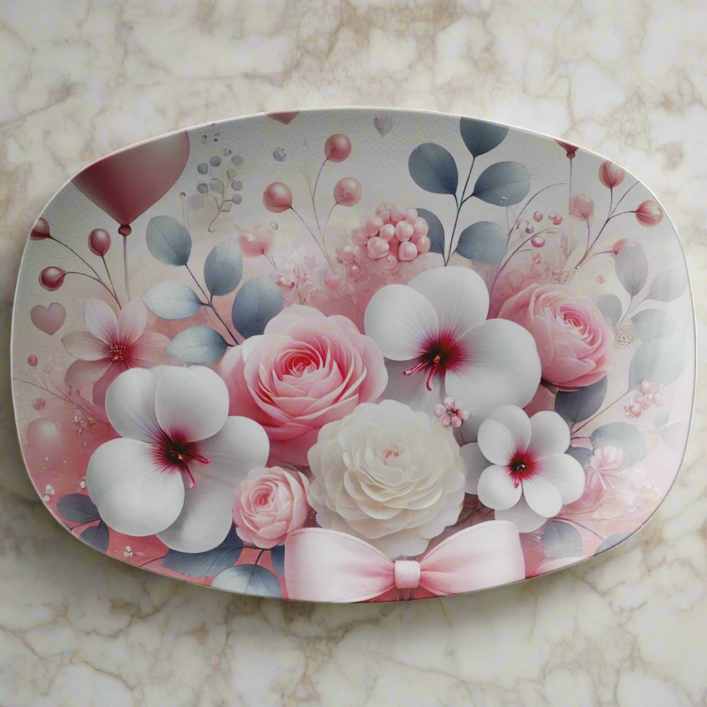 Elegant Watercolor Pink Hearts & Bows Platter 10x14 – Stylish Tableware for Special Occasions or Everyday Use | Durable, Vibrant Design for Hosting & Gifting - MRSBYVALLE