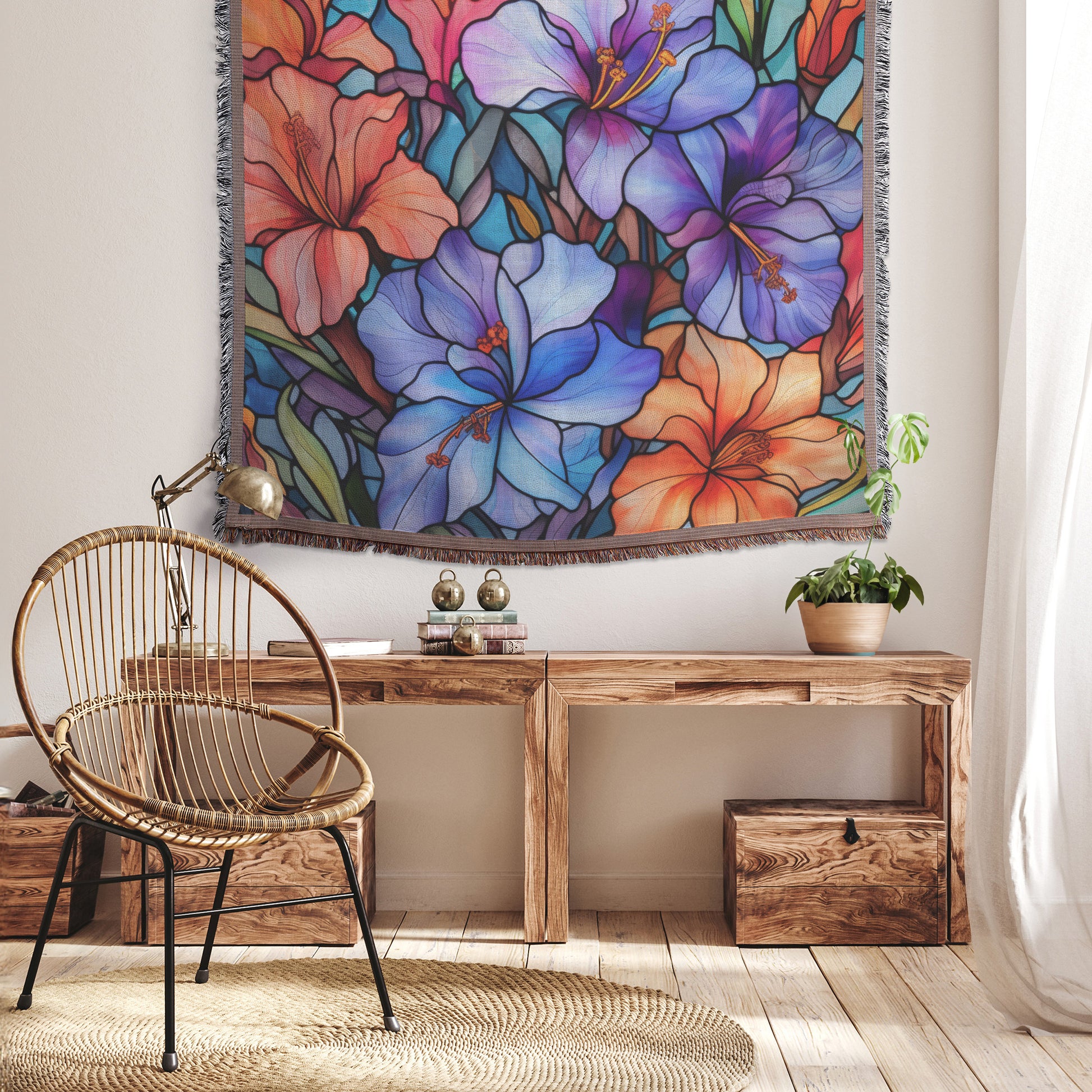 Enchanting Flowers Stained Glass Illusion Woven Throw Blanket - Cozy, Artistic Home Decor | Premium Quality, Vibrant Colors, Perfect for Living Room or Bedroom - MRSBYVALLE