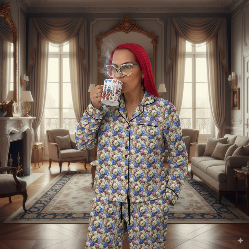 Person wearing colorful pajamas in a luxurious living room