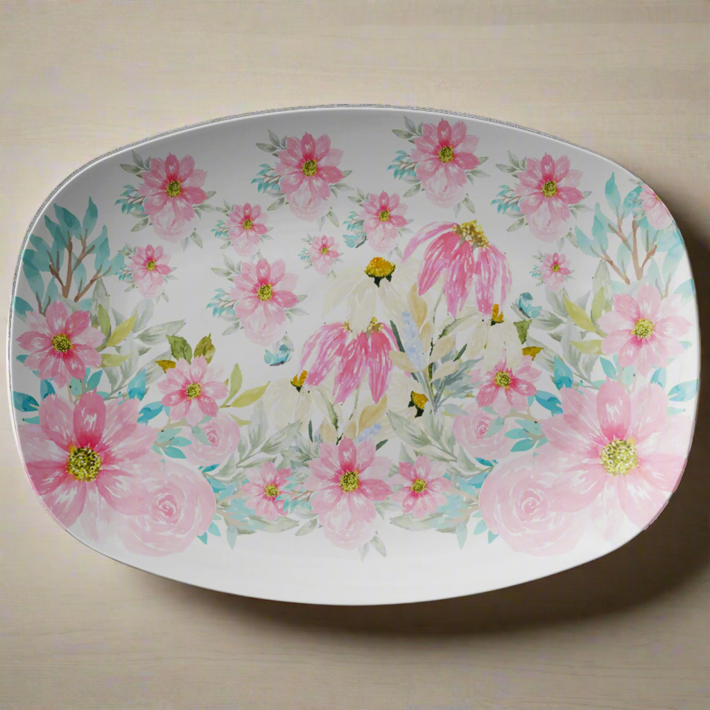 Floral Serving Platter 10x14 – Pink & Turquoise Flowers, Elegant BPA-Free Tray, USA-Made, Perfect for Entertaining, Gifting, or Everyday Decor