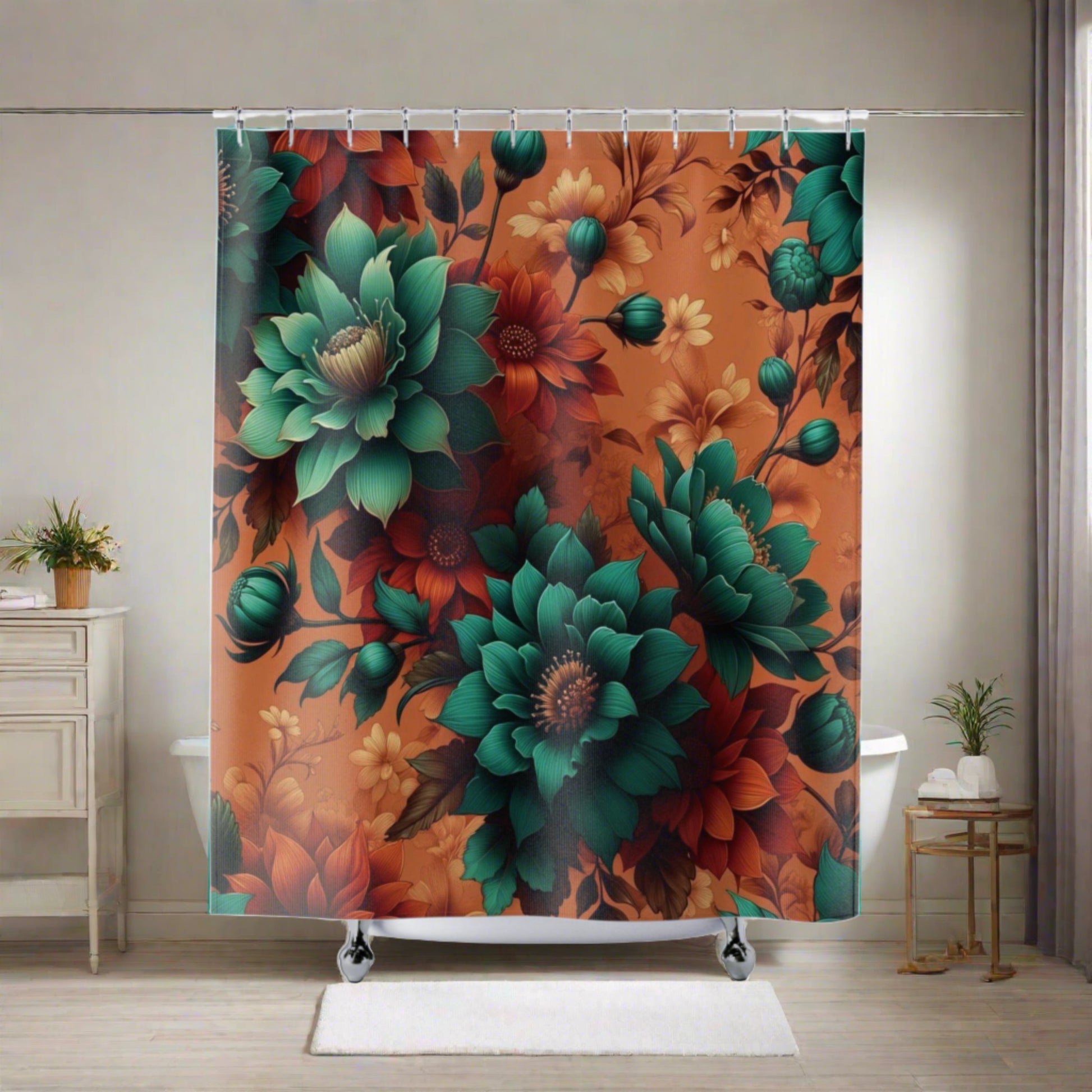 Elegant Aqua Blossom and Burnt Orange Floral Harmony Shower Curtain for Bathroom Deco Housewarming Gift New Bathroom Decor Wedding Gift for Mom Bridal Shower Gift Newlywed - MRSBYVALLE