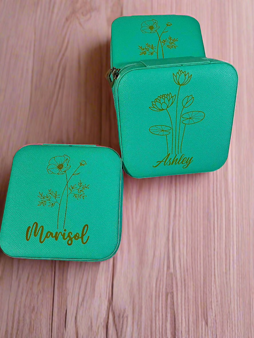 Birth Flower and Name Custom Laser-Engraved Travel Jewelry Box - Compact Square Earring Organizer, Ideal Bridesmaid Gifts for Sister or Friend - MRSBYVALLE