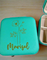 Birth Flower and Name Custom Laser-Engraved Travel Jewelry Box - Compact Square Earring Organizer, Ideal Bridesmaid Gifts for Sister or Friend - MRSBYVALLE