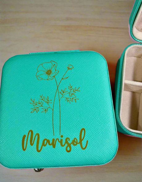 Birth Flower and Name Custom Laser-Engraved Travel Jewelry Box - Compact Square Earring Organizer, Ideal Bridesmaid Gifts for Sister or Friend - MRSBYVALLE