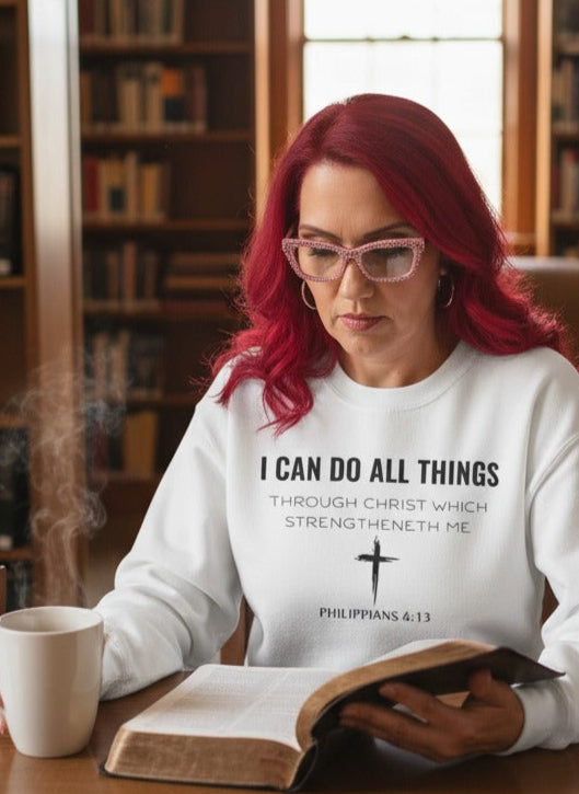 Woman with red hair reading a book in a library wearing a white sweatshirt with text.