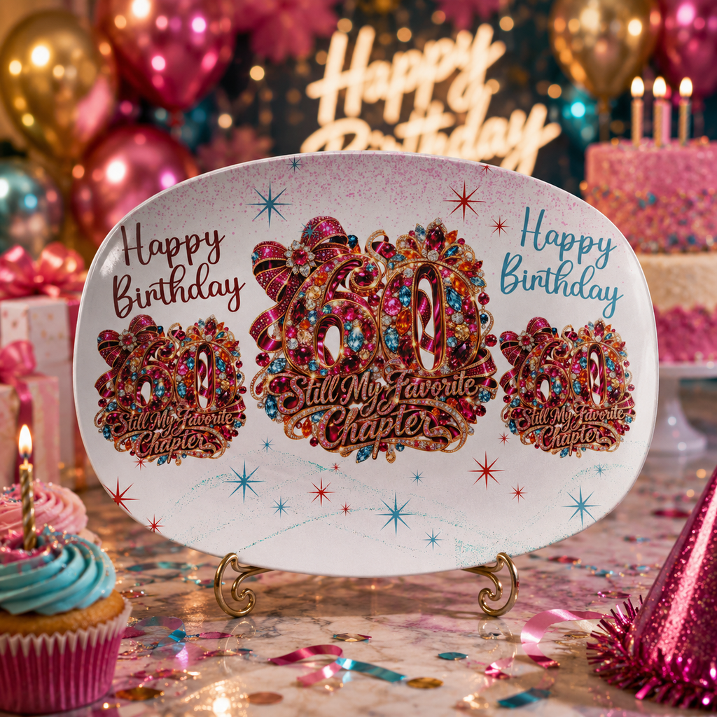 A white oval birthday cake topper or decorative plate with three colorful rhinestone-embellished birthday crowns and 'Happy Birthday' text, displayed on a stand in a festive party setting with cupcakes, balloons, and confetti.