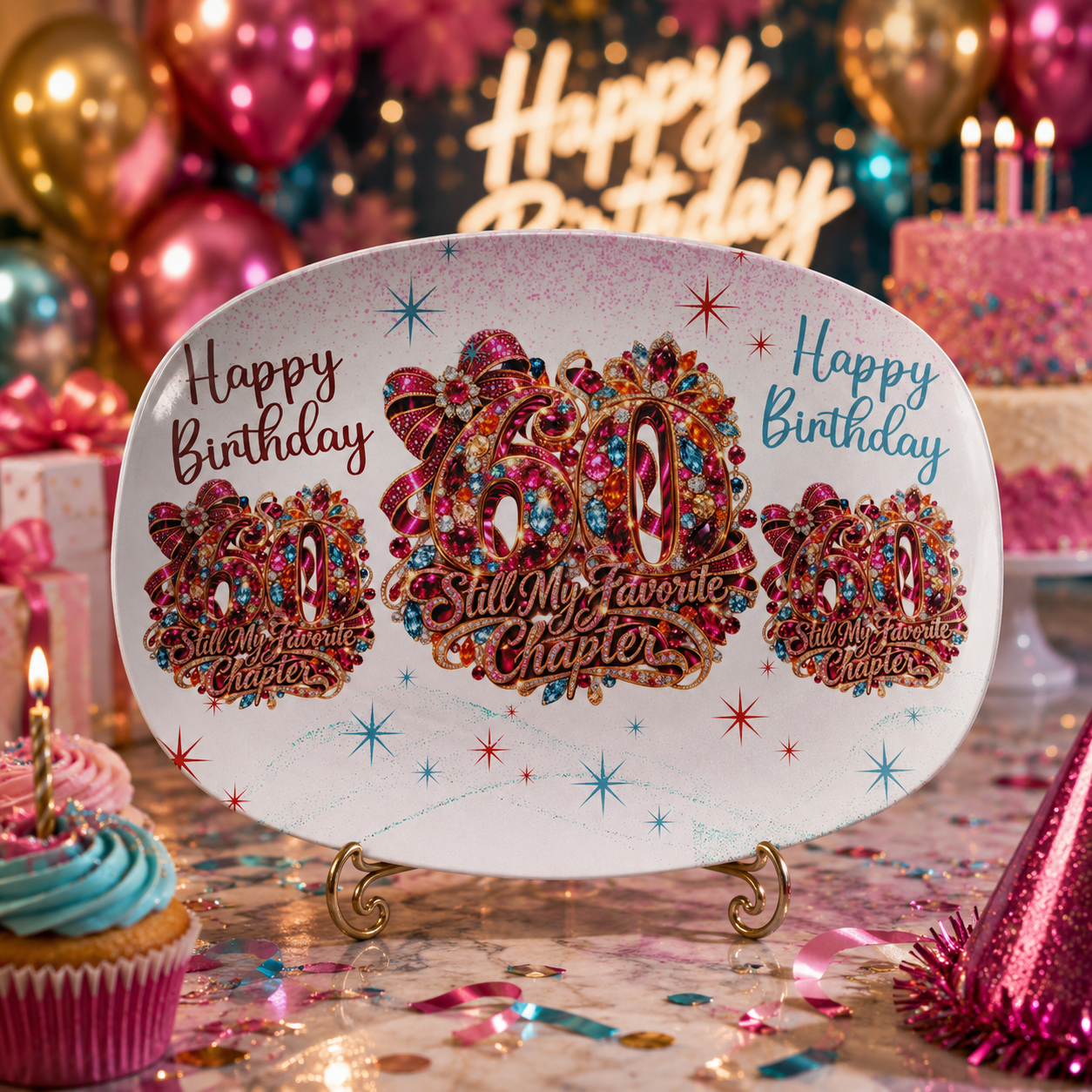 A white oval birthday cake topper or decorative plate with three colorful rhinestone-embellished birthday crowns and 'Happy Birthday' text, displayed on a stand in a festive party setting with cupcakes, balloons, and confetti.