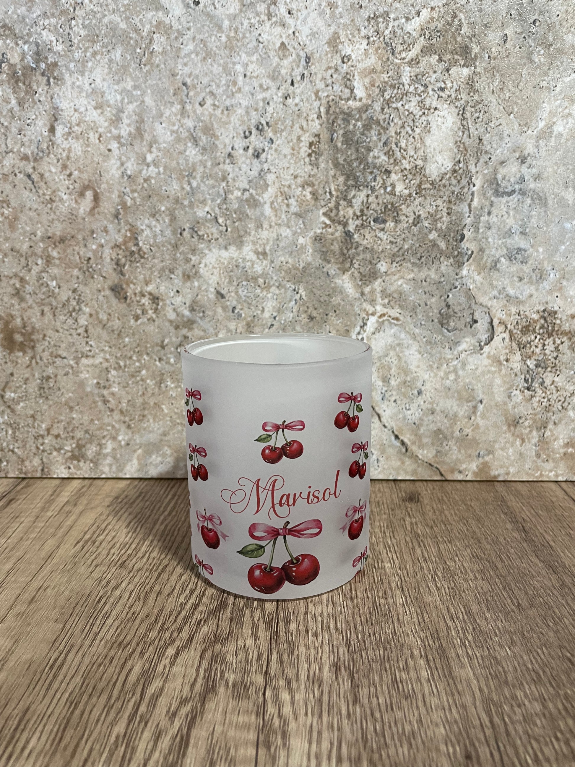 Personalized 12 oz Frosted Cup Cherry & Pink Bow Design - Custom Name Perfect for Gifts, Parties, & Everyday Use - Cute & Stylish Drinkware - MRSBYVALLE