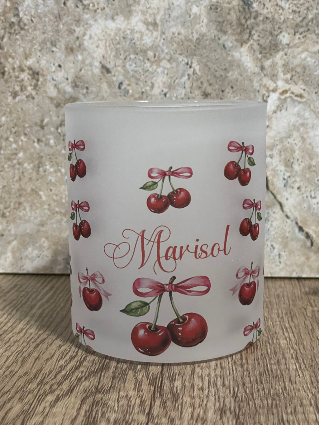 Personalized 12 oz Frosted Cup Cherry & Pink Bow Design - Custom Name Perfect for Gifts, Parties, & Everyday Use - Cute & Stylish Drinkware - MRSBYVALLE